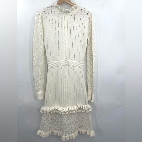Manoush Embellished Ruffle Knit Midi Dress Long Sleeve Ivory Knit Dress Medium - Picture 5 of 9